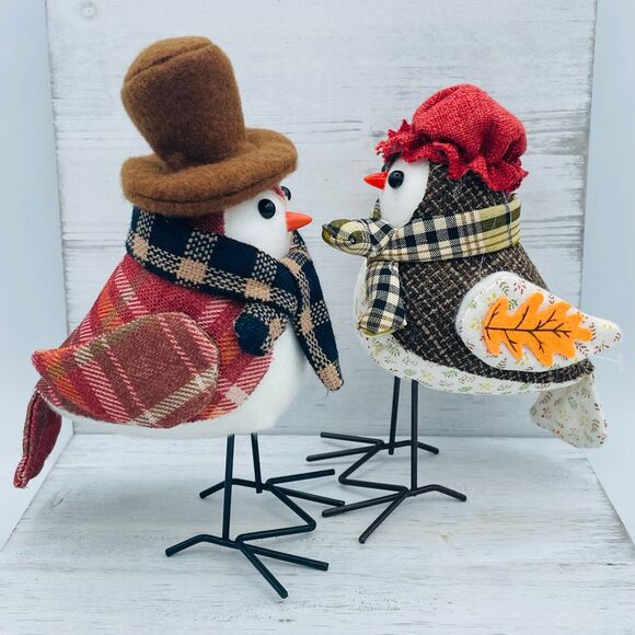 Fall Harvest Male Female Fabric Birds in Tophat Scarves Metal Legs/Feet - Picture 2 of 9